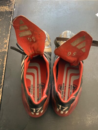 Gerrard Liverpool Match Worn Football Boots: Adidas TRX firm ground red black and white boots with SG embroidered to tongues of both boots and number 17 to heel. From reputable source who was given them in 2003.