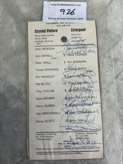 70/71 Signed Liverpool Football Team Page: Team page cutting from away match at Crystal Palace. Hand signed in blue biro by 12. Includes Clemence Lawler Callaghan Heighway Toshak Lloyd and Hughes.