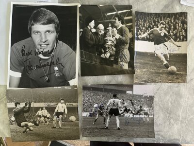 Liverpool Signed Football Press Photos: Five press photos all with stamps and 3 have annotations to rear. There are 7 signatures to include Toshak St John Yeats Lawrence Lawler and A’Court. (5)
