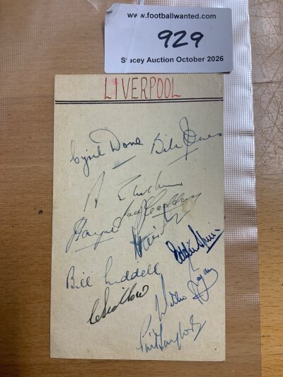 Liverpool 1950 Football Team Autographs: 11 autographs which has players from the team that lost to Arsenal in the FA Cup final of 1950. Includes Liddell Fagan Taylor Done Spicer Payne and Sidlow.