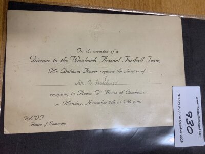 1922 Woolwich Arsenal House Of Commons Invitation: Embossed House If Commons invite to the Woolwich Arsenal team in November 1922. This particular invite is for player Arthur Hutchins.