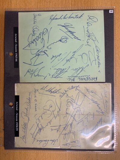 Arsenal Team Football Autographs: A page from 58/59 signed by around 20, 65/66 page signed by 11 and a cut exercise page from 56/57 signed by 10.