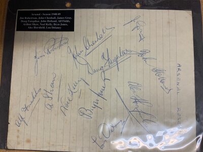 Arsenal Reserves Football Autographs: Page of 1950s reserve signatures signed by 11 and a further 12 from 58/59 on two separate pages. There are 11 autographs on an exercise page from 48/49 identified on paper plaque and a further 6 from 47/48. Rare autographs of players that only made a few 1st team appearances and a few that went on to make it.