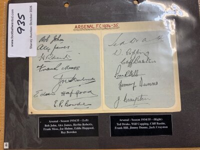 Arsenal 1934 - 1935 League Champions Football Autographs: Two pages neatly laid down and identified underneath with removable card. Signatures of Drake Copping Bastin Hill Dunne Crayston John James Robert’s Moss Hulme Hapgood and Bowden.