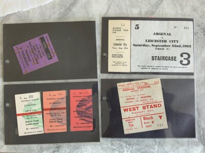 Arsenal Football Tickets: Home tickets v 47/48 Bradford FA Cup, 61/62 + 62/63 Leicester, friendliest v 62 Real Madrid (score), 1971 Benfica. Away tickets at Everton 65/66 67/68 68/69 and 75/76 Man City.