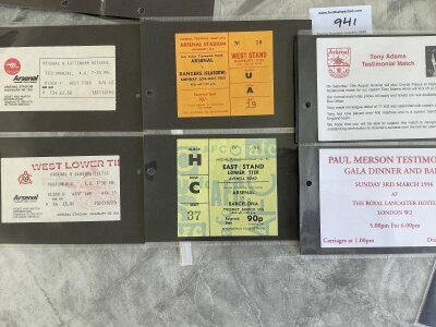 Arsenal Testimonial Football Match Tickets: Home matches for Kelsey Armstrong Jennings OLeary Rix Kennedy Davis (4 different) Adams Smith Merson Winterburn Dixon Seaman Bergkamp Keown. Away tickets for Richard Gough Dave Bowen Graham Little Paul Fairclough and Cyril Knowles. Nice collection. (est 40)