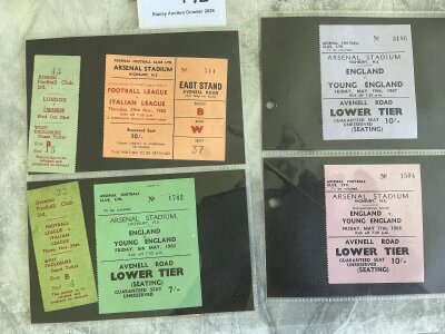 England Football Tickets At Arsenal: England v Young England 59 60 62 67 68, London v Berlin 1953, England U23 v Holland 1973, Football League v Italian League 1962, London v Lausanne 1957 gaits cup semi final and more. (12)