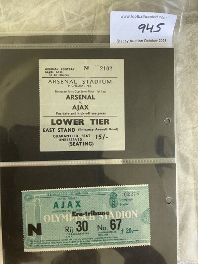 Arsenal European Competition Semi Final Football Tickets: Includes home and away tickets for 1970 Ajax, 1980 Juventus, 1994 PSG, 1995 Sampdoria, 2000 Lens, 2006 Villarreal, 2009 Manchester United. Very good. (17)