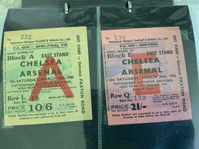 Arsenal Post War FA Cup Semi Final Ticket Collection: Near complete kept neatly in vendors display pockets in order. Semi finals start v Arsenal in 1950 + 1952 then there are 5 different versions of 1971, 3 different 1972, 2 different 1973, 3 different 1978, 2 different 1979 all 4 matches in 1980 etc. Comprehensive collection goes up to 2017. (50+)