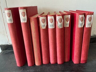 Arsenal 1960s Bound Volume Of Football Programmes: Complete run from 59/60 to 67/68 all with covers. Includes all 1st team only. Inspection required as we checked for a couple of postponed at random and they were missing. 61/62 has reserves etc and 65/66 includes the player match v Leeds. (9)