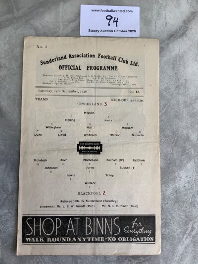 46/47 Sunderland v Blackpool Football Programme: Four page good condition league match with no team changes but score written