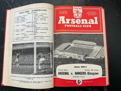 Arsenal 58/59 Bound Volume Of Football Programmes: Includes all 1st team reserves youth etc and even the hard to obtain Rangers postponed on 28 10 1958. All excellent with covers.