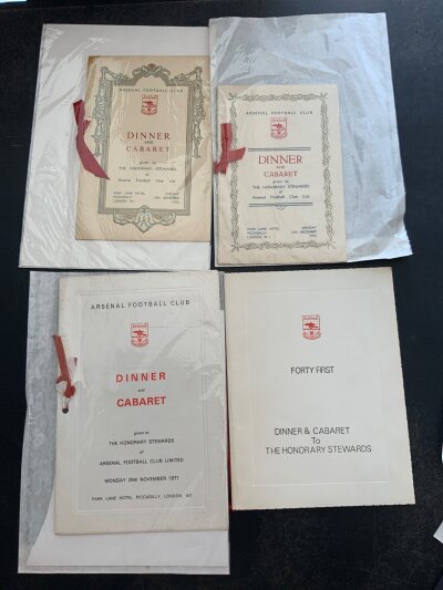 Arsenal Stewards Football Menus: 1954, 1956, 1964, 1968 signed by Mee Hillwood Howe Kelsey, 1969, 1960, 1970, 1971, 1975 multi signed, 1976, 1977 multi signed, 1979 and a further 5 from the 80s.
