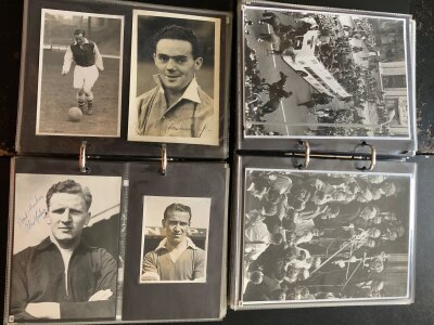 Arsenal Football Photo Collection: Must view as many are original press photos and quite a few are signed.  Original postcard size press photos hand signed include Kirchen Drake D + L Compton. Viewing essential so you can work out the percentage of reproduction photos and press photos. Varying eras but mainly old.  (2 albums)