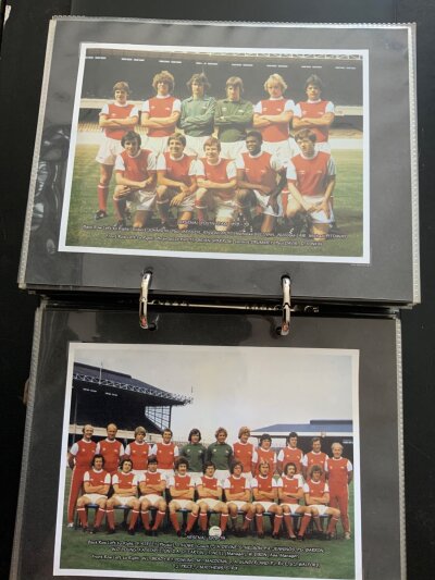 Arsenal Team Group Photo Collection: A near complete run from 1894 to 2006/07 kept neatly in collectors folder. All reproduced with often players identified underneath. (est 100) C/W a folder of press cuttings of matches, Highbury development and reproduction photos.