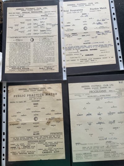 Arsenal Practice Match Football Programmes: Reds v Whites dated 7 8 1948, 12 8 1950, 4 8 1951, 11 8 1951, 9 8 1952, 16 8 1952, 6 8 1955, 13 8 1855 poor, 17 8 1957, 13 8 1960 plus a smaller single sheet Junior Practice Match dated 4 8 1962. Mainly good with some team changes. (11)