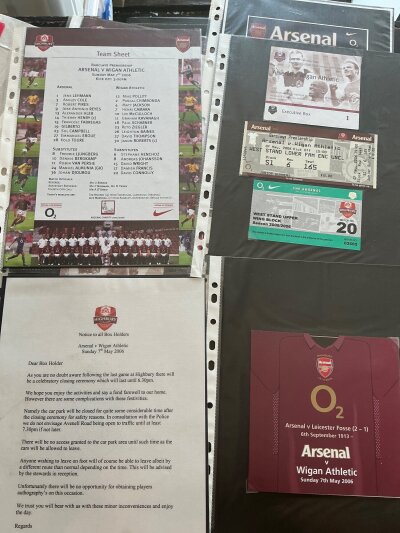 2006 Last Match At Highbury Football Memorabilia: Mainly relating to the last match at Highbury v Wigan. Includes ticket team sheet menu wine list letter to box holder road closure info photos and more.