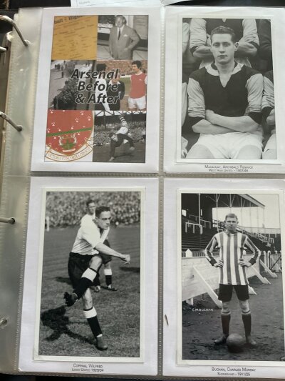 Arsenal Football Photos In Other Team Football Kits: Interesting collection of postcard size reproduction photos with name and new team from the 1920s onwards. Displayed in 2 folders. A one off collection. (est 500)