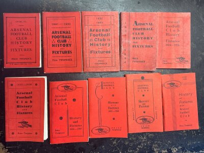 1930s Arsenal Football Handbooks: Complete run from 30/31 to 39/40 in very good condition many with rusty staples holding firm. (10)