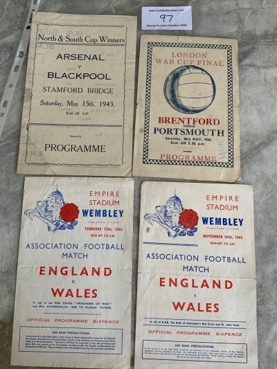 War Time Big Match Football Programmes: Pirate programmes for 1942 London cup final at Wembley Brentford v Portsmouth, 1943 North v South final at Chelsea between Arsenal v Blackpool. C/W 1943 official programmes for England v Wales at Wembley in February and September. Fair/good. (4)