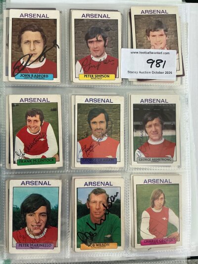 Arsenal 1971 Signed A+BC Football Cards: 11 signed double team cards with autographs of Graham Wilson Marinello Simpson Storey and more. (11)
