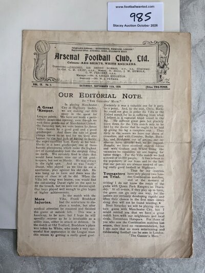 1920 - 1921 Arsenal v Manchester City Football Programme: Very good condition 4 pager with no 1st division programme with pencilled team changes.