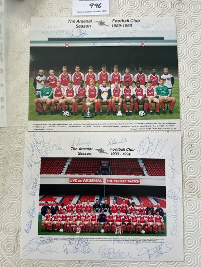 Arsenal Multi Signed Football Photos: 93/94 team group signed to border in biro by 16 double cup holders ans an 89/90 team group with 7 signatures. C/W 2 A4 pages from the early 90s multi signed. (4)