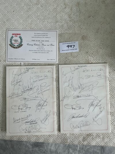 Arsenal 85/86 Centenary Year Signed Football Menus: Two menus for the centenary dinner at Grosvenor House. Both signed to rear autograph page with similar autographs and one having the names of players identified. Includes Graham Rice Woodcock Mariner Brady Nelson Rix McLintock Caton Williams and others. C/W invite. (3)