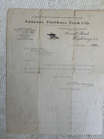 1930 Arsenal FA Cup Winning Football Memorabilia: Letter on Arsenal headed paper hand signed by Herbert Chapman stating thank you for congratulating us on our FA Cup win which has folds and tearing. C/W a poor condition banquet menu at the Holborn Restaurant 2nd May for Arsenal to celebrate winning the cup in 1930.