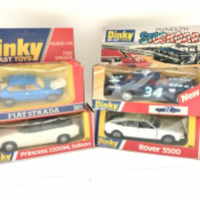 4 X Boxed Dinky Vehicles. A Fiat Strada #501. A Plymouth Stockcar #201. A Princess 2200HL and a Rover 3500 #180. No Reserve.