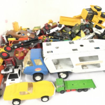 A box of Playworn diecast cars and vehicles.