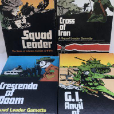 4 Boxed Squad Leader Games. Includes Cross of Iron (un Punched) Crescendo Of Doom (un Punched). G.I Anvil Of Victory(Un Punched) and Squad Leader(partly Punched) (4).