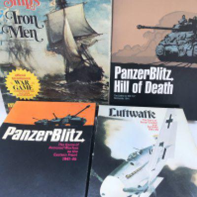 4 X Boxed War Board Games. Wooden Ships/ Iron Men ( Partly Punched) panzer Blitz (Partly Punched) Hill of Death Panzer Blitz (Un Punched) and Luftwaffe(Partly Punched).