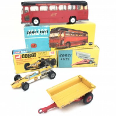 A Boxed Corgi Midland Motorway Express Coach #1120. A Cooper-Maserati F/1 #159 and a Massey-Ferguson 30 CWT Trailer #51. No Reserve.