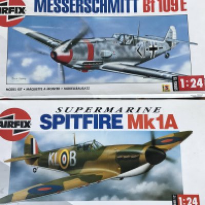 2 Boxed Airfix model Kits. A Messerschmitt and Spitfire Both 1/24 Scale.(2).
