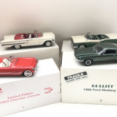 4 X Boxed Danbury Mint Vehicles. A 1955 Chevrolet Corvette. A 1968 Ford Mustang. A 1960 Chevrolet Impala and a 1957 Ford Fairlane 500 Skyliner. No Reserve.
