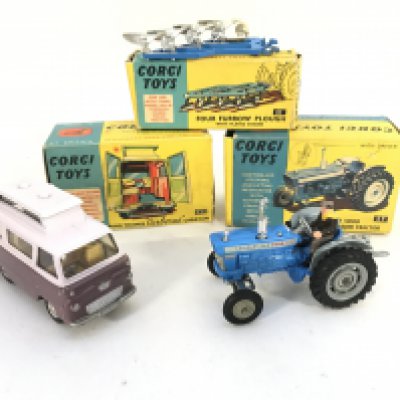 A Boxed Corgi Ford Thames Airborne Caravan #420. A Ford 5000 Super Major Tractor #67 and a Four Furrow Plough #61. No Reserve.