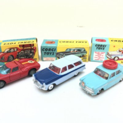 A Boxed Corgi Ferrari Berlinetta 250 Le Mans #324. A Ford Zephyr Estate Car #424 and an Austin A60 De Luxe Saloon #236 (Repro Box). No Reserve.