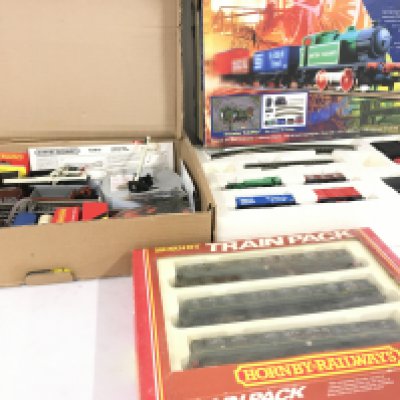 A collection of of Hornby model railway including boxed R841 Industrial Freight set. Plus R369 3 piece boxed diesel BR. Plus a box containing track..wagons and accessories. No reserve (3)