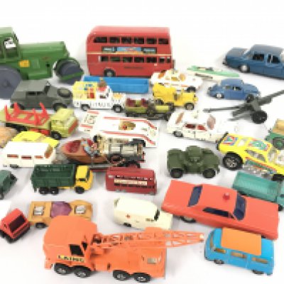 A Box Containing Playworn Diecast Including Dinky. Matchbox Etc.