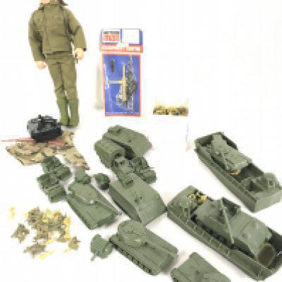A Carded Vintage Actin Man Small Arms Equipment Centre. A Modern Actin Man and Plastic Airfix Military Vehicles and Figures.