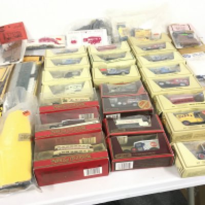 A collection of boxed diecast vehicles in the Models of Yesterday. Also numerous model kits and accessories of railway wagons etc. no reserve.