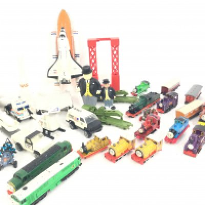 A Box Containing a Collection of Ertl Thomas the Tank Engine Trains and Tonka NASA toys. NO RESERVE