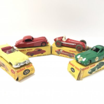 4 Boxed Dinky Vehicles. A Cadillac Tourer #131 a Jaguar XR120 #157. A Alfa Romeo Racing Car #232 and a Bristol450 Sports Coupe #163. Box's In Various States.