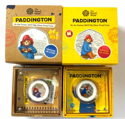 4 Royal Mint issue Paddington’s Bear commemorative coins, Silver 50p proof examples. 2018/2019
