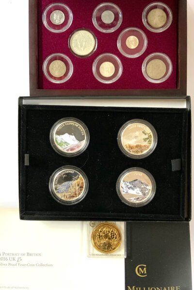 Mixed Lot, A 2016 Portrait of Britain silver proof 4 coin set, Pearl Harbour 75 year anniversary eighty coin collection, Sterling silver gold plated commemorative coin.