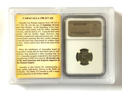 A cased NGC verified Roman Empires CH XF, Caracalla AD198-217 AR Denarius, Steve Hills Hoard coin.