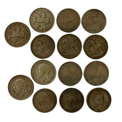 A collection of Crowns to include :- 2 1935 crowns, QV 1892, 1889, 1897 LXI, 1819 George III garter edge design crown LX, 1821 George IIII crown Secundo.