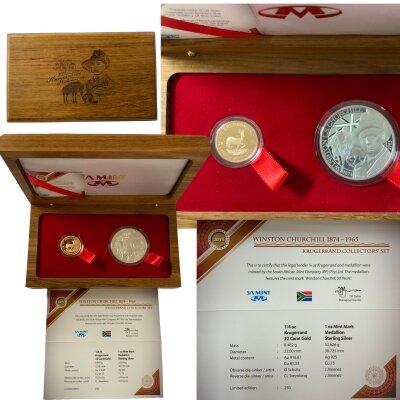 A South African Mint, Winston Churchill 1874-1965 Kruggerand collectors set. 1/4oz Kruggerand, 1oz Sterling silver medallion. Ltd edition set 25/250.