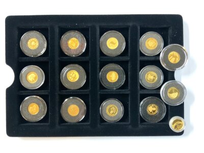 A collection of miniature pure gold coins x15 (mixture 1/20th, 1/25th world coins)